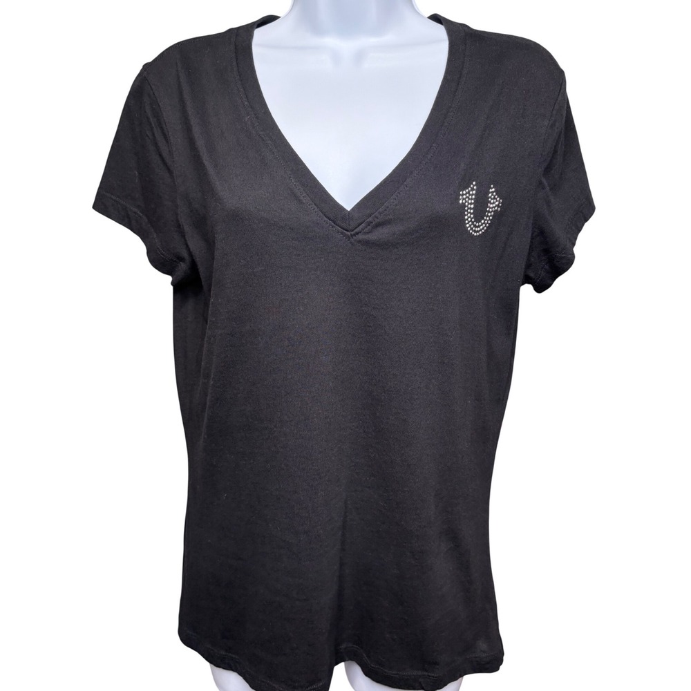 TRUE RELIGION Womens Black Rhinestone Buddha Graphic T-Shirt L McBling Y2K Edgy